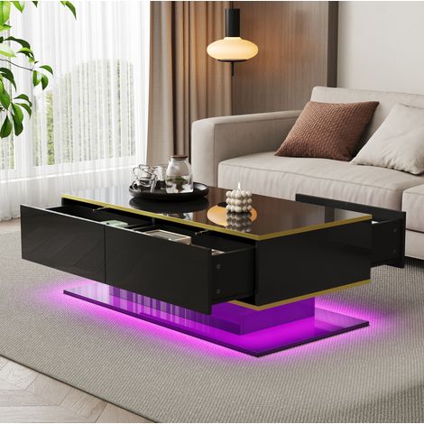 Table basse 100x50x40 cm noire et dorée en panneaux de particules avec LED, 3 tiroirs et niche ouverte (1/5)