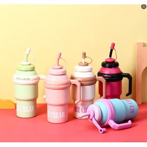 Bouteille isotherme de 1000 ml, motif glace, avec poignée et paille rose.