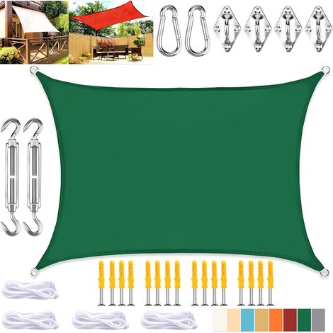 Voile d'ombrage rectangulaire, toile imperméable avec protection UV et kit de fixation, pour terrasse et jardin extérieur, vert foncé, 2 x 4 m (1/5)