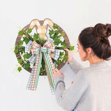 Décorations de Pâques, lapin en bois, couronne de Pâques, porte (1/4)