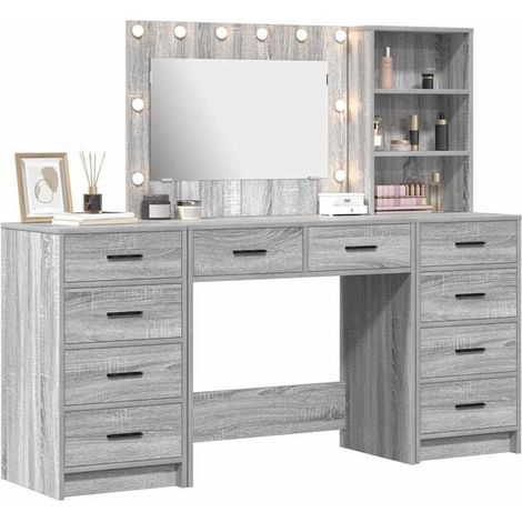 Coiffeuse avec Miroir et Tabouret, Ensemble de 3 Pièces en Bois Couleur Gris Sonoma, Meuble de Toilette Moderne 78,5 x 41 x 135 cm pour Chambre (1/5)