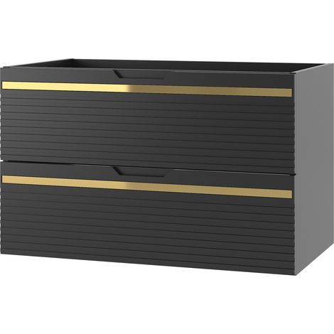 Meuble sous vasque suspendu VESPER noir 80 cm - bande décorative dorée