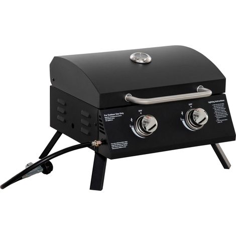 Barbecue à gaz de table portable avec support pliable - Deux brûleurs, 5 kW - Barbecue à gaz de camping - Comprend une grille, un bac à graisse et un thermomètre - Acier noir de qualité alimentaire. (1/5)