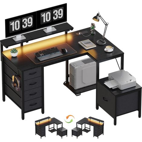 Bureau d'angle avec Armoire de Rangement, 139 x 120 cm, LED, Noir (1/5)