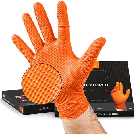 Gants jetables 2 à 3 fois plus épais Nitrile orange Gants jetables renforcés pour l'automobile, le jardinage ou les tâches ménagères Gants de travail - Sans latex, sans poudre (XL) (1/5)
