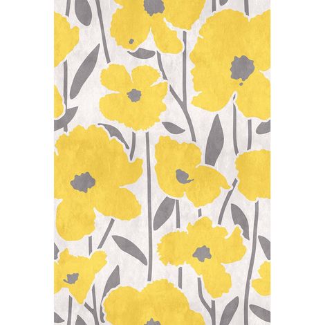 Papier peint panoramique floral blanc et jaune Tapisserie panoramique design à motif de fleurs Papier peint panoramique 3D tendance pour couloir (1/2)