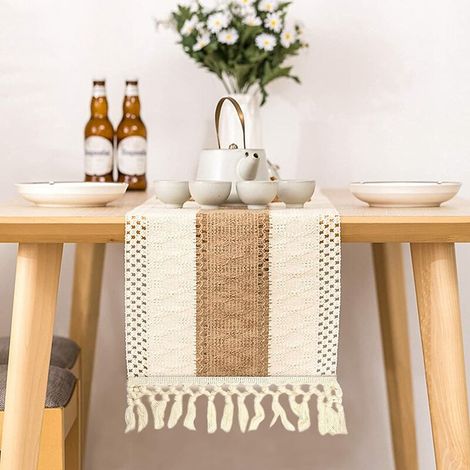 VURAHOME - Chemin de table beige macramé - En coton - Vintage - Crochet - Chemin de table creux - Pour décoration de mariage bohème et maison de ferme - 30 x 180 cm (1/5)
