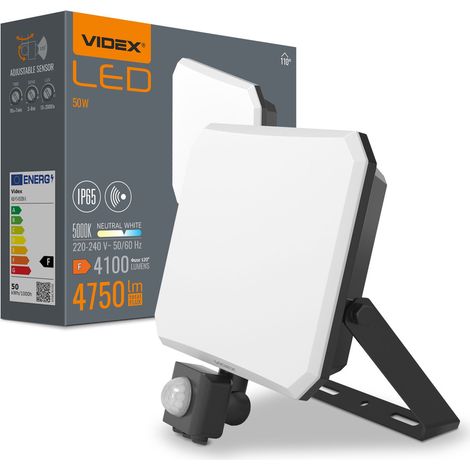 Foco LED Videx de 50 W, 4750 lm, luz blanca neutra de 5000 K, sensor de movimiento, IP65. (1/5)