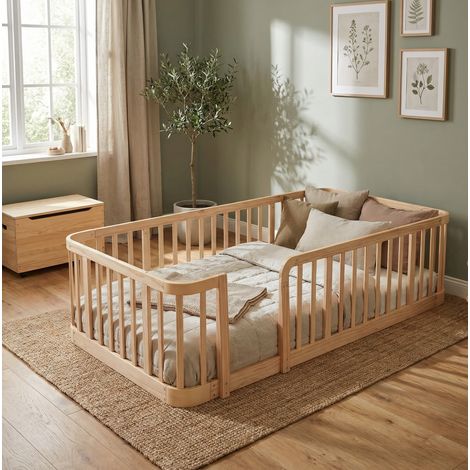 Parque infantil modular 205x95x52 cm, separador multifuncional, bordes redondeados, madera de ingeniería, natural (1/5)