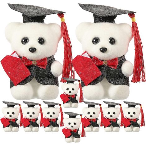10 Stück 10 cm große sitzende Bärenpuppen mit Blumenstrauß zur Dekoration für Abschlussfeiern, niedliche Bären als Geschenkaccessoires für Absolventen (Schwarz-Weiß)-10X4.5CM-White (1/2)