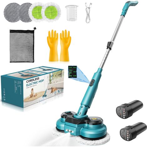 Balai Électrique Sans Fil avec 2 Batteries de 2000 mAh, Balai à Double Rotation avec Pulvérisateur/Phare LED/ Écran Intelligent,Serpillere Electrique avec Réservoir d'eau de 300 ML Pour Sols Multiples (1/5)