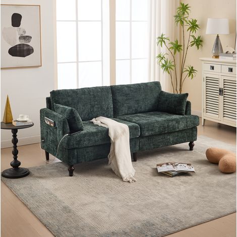 Canapé 2 places en chenille émeraude avec USB, LED et poche latérale 175 x 83 x 78 cm (1/5)