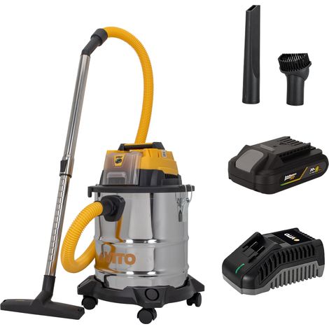 Aspirateur 20V Sans fil Eau et Poussières Cuve Inox 20L + Batterie lithium 2Ah VITO