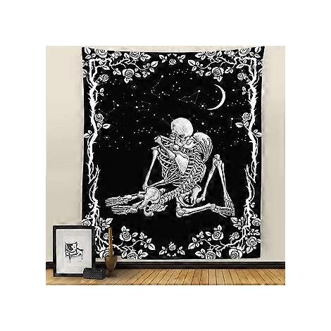 Totenkopf-Wandteppich, Wandteppiche „Küssende Liebende“ (Schwarz-Weiß), Wandteppich „Blumenmond und Sterne“, Wandteppich „Tarot-Motiv mit menschlichem Skelett“ fürs Schlafzimmer