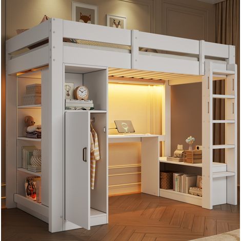 Cama alta 90x200 cm de madera blanca con almacenaje para dormitorio, sin colchón FloraGrace (1/5)