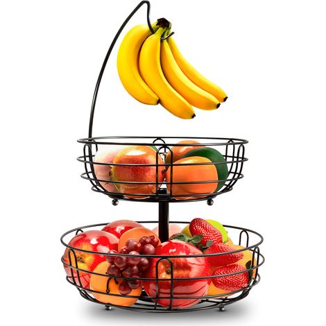 Panier à fruits à 2 étages en fil métallique avec porte-banane, bol à fruits contemporain, panier à légumes, cuisine quotidienne sur pied, rangement, panier à fruits (noir) (1/5)