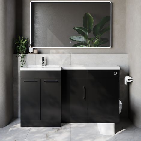 Napoli 390 Matt Black 1500mm 3 Door Vanity Unit Toilet Suite with Left Hand Square Lucia Basin - 1500mm - Chrome 160mm HandleWithout Kingston Toilet Pan