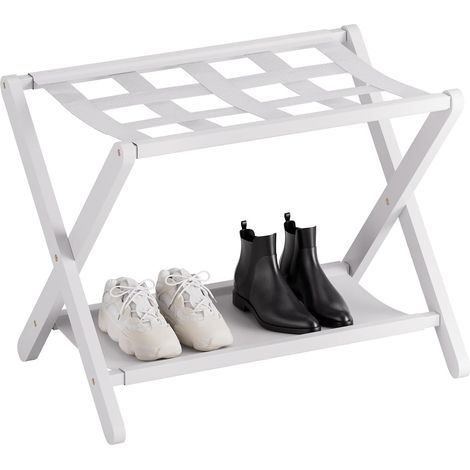 Porte-bagages, support de valise pliable avec étagère de rangement en tissu, porte-bagages en bambou avec 5 sangles en nylon pour chambre d'amis, chambre à coucher, hôtel,Blanc (1/5)