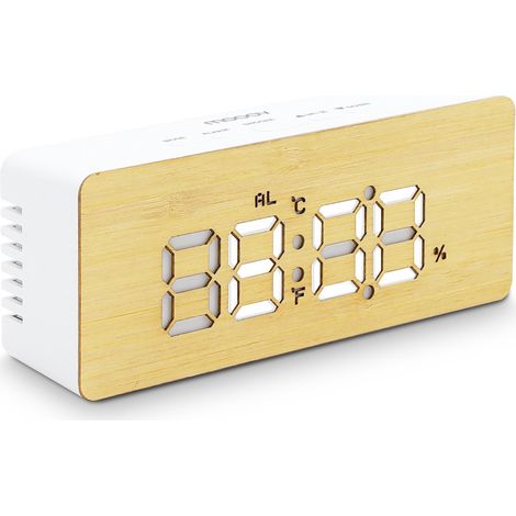 Réveil Bamboo avec affichage LED, température, taux d'humidité et snooze (1/5)