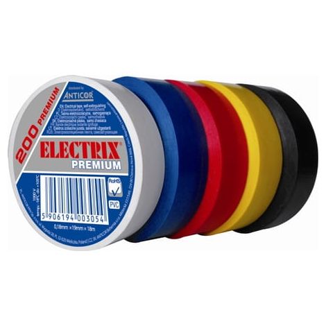 Nastro isolante elettrico in PVC 0,18 mm x 19 mm x 18 m arcobaleno Electrix 200 confezione premium da 5 (1/5)