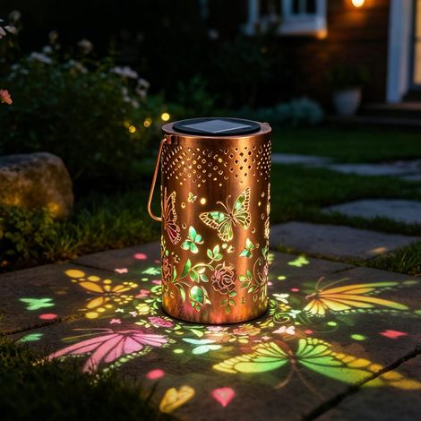 Solar Lantern Outdoor Colorful Butterfly IP44 Garden Patio Lantern Solar Lights Outdoor Metal Hollow with Handle for Patio Lawn Decoration (1/5)