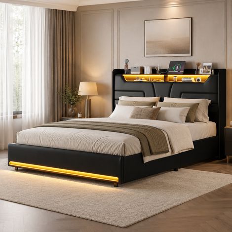 Lit coffre 160x200 avec led, lit adulte avec usb, lit double avec rangement et tete delit, lit rembourré pour adulte et adolescents, pu, noir (1/5)