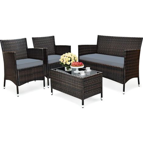 Set 4 Mobili in Rattan per Cortile con Tavolino da Caffè in Vetro Temperato, Set Tavolo e Divano da Esterno con Cuscino Spesso, Ideale per Giardino Prato Piscina, Marrone (1/5)
