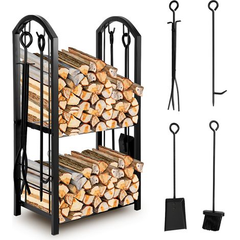 SWANEW Kaminholzregal Brennholzregal Feuerholzregal Kaminholzständer Metall Doppelt mit 4 Werkzeugen (1/3)