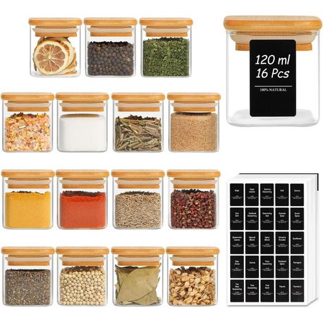 16 Glasgewürzdosen m.Bambusdeckel 113ml+275 Etiketten (1/5)