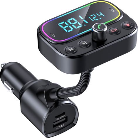 BEBUSINGOTO Transmisor FM Bluetooth con micrófono dual, [Apaga la FM con un solo botón] Kit manos libres inalámbrico para coche con 3 puertos USB (PD18W y QC3.0), retroiluminación LED de 9 colores, c (1/5)
