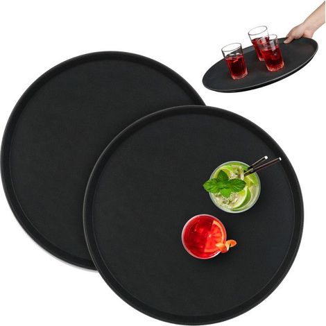 2 plateaux de service ronds, 45 cm, surface antidérapante en caoutchouc, bord relevé, noir, usage professionnel et festif (1/5)