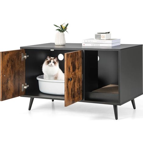 Costway – Maison de toilettes pour chat en bois – Bac à litière caché avec griffoir – Pieds inclinés – Dimensions 90x50x54 cm – Couleur café