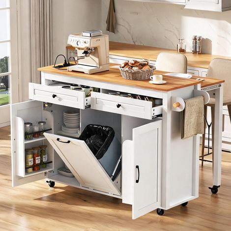 Îlot de cuisine mobile blanc avec plan de travail extensible (1/5)