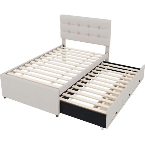 Cama tapizada 90x200 cm con cama nido, 3 cajones y cabecero regulable, beige (1/5)