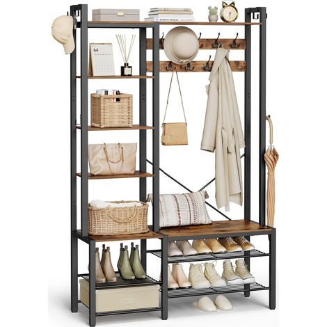 VASAGLE Appendiabiti Ingresso con Panca Scarpiera e 5 Ripiani Portaoggetti, 9 Ganci Attaccapanni e 6 Ganci Laterali, 40 x 120 x 190 cm, Marrone Vintage e Nero Inchiostro HSR426B01 (1/5)