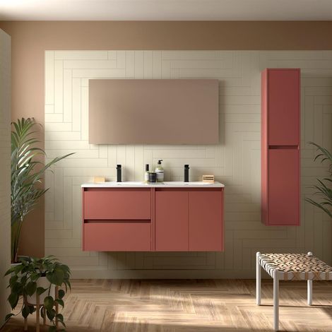 Meubles de salle de bain NOJA 1200 2 portes et 2 tiroirs ROUGE SATIN + Plan vasque + Miroir (1/2)