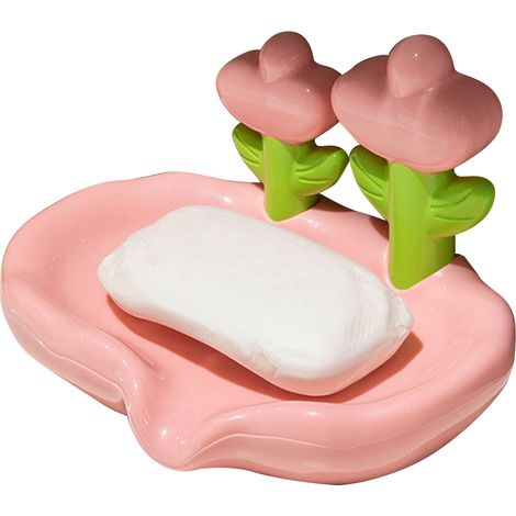Flower Soap Holder Plastic Easy Clean Decorative Drainage Soap Dish for Shower Bathroom Pink (1/5)