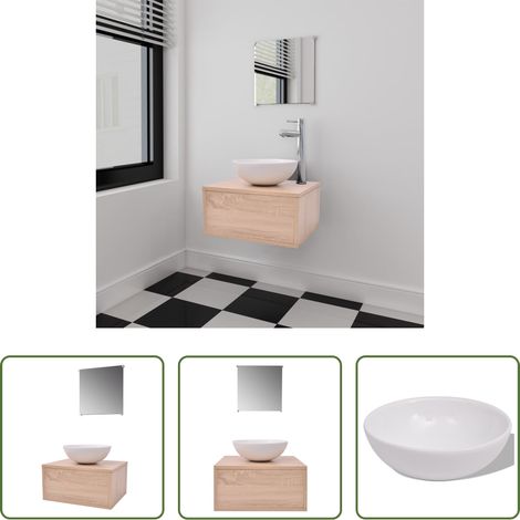 Waschtisch - 3-tlg. Badmöbel und Waschbecken Set Beige (1/5)