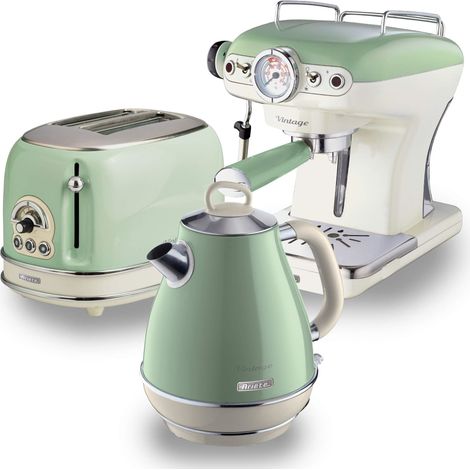 Ariete ARPK5 Retro Style Jug Kettle, 2 Slice Toaster and Espresso Machine Set, Vintage Design, Green