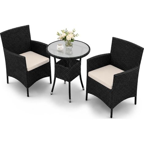 Juskys Polyrattan Balkon Set Bayamo 2 Personen – Tisch mit Glasplatte & 2 Stühlen – Wetterfeste Balkonmöbel – Auflagen waschbar – schwarz – creme