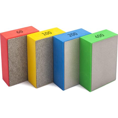 Vier Handschleifpads (Körnung 60, 100, 200, 400) zum Trocken- und Nassschleifen und Polieren von Keramikfliesen, Glas, Quarzstein, Marmor und Beton. (1/5)