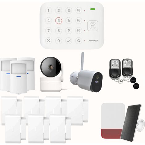 Daewoo Pack Alarme Connectée Wifi / GSM Vigilia VIG104+ – Système Sans Fil et Sans Abonnement, Compatible Animaux, Détecteurs et Sirène solaire Inclus + Caméras de Surveillance Intérieures et Extérieu