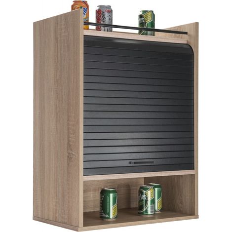 Beaux Meubles Pas Chers – Meuble de cuisine imitation chêne avec rideau noir ou blanc – 4 niches ouvertes – Dimensions 54 x 76.6 x 35.4 cm – Fixation murale incluse