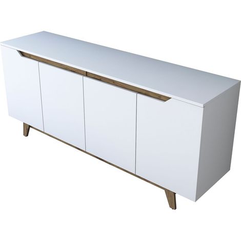 Buffet 4 portes blanc, piètement Noyer 180 cm - Nola