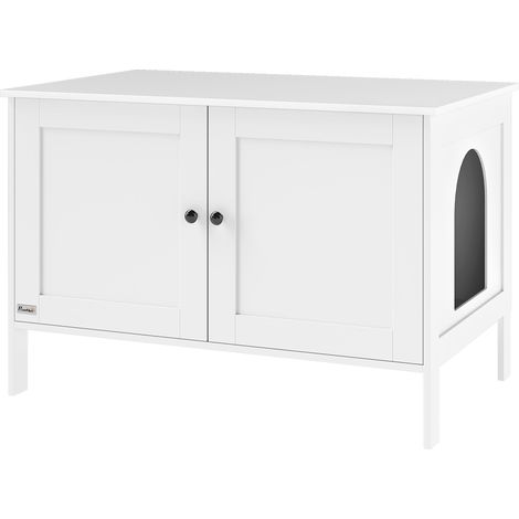 Mobiletto per lettiera per gatti con divisorio e porta, ideale per gatti di taglia grande, 80 x 51 x 54 cm, colore bianco.
