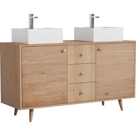 Mobile bagno in rovere massello con lavabo da appoggio quadrato e rubinetto Naturale chiaro 145 cm - ZARENO
