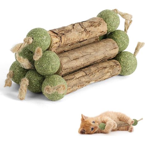 Palitos de hierba gatera, 6 piezas, juguete para gatos, palitos masticables Matatabi y plumas naturales, juguete interactivo para interiores, bolas de hierba gatera comestibles para la limpieza dental (1/5)