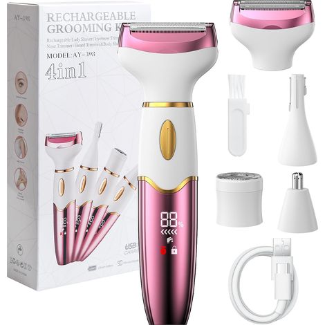 Rasoio elettrico 4 in 1 per donna con display digitale, impermeabile IPX7, epilatore per il viso, rasoio intimo per viso, zone intime, ascelle, gambe, ricaricabile (1/5)