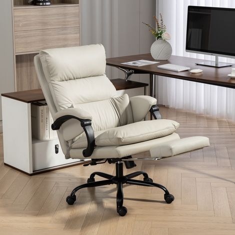 Sillón de oficina con masaje y calefacción, reclinable hasta 135° con reposapiés de piel sintética, gris claro.