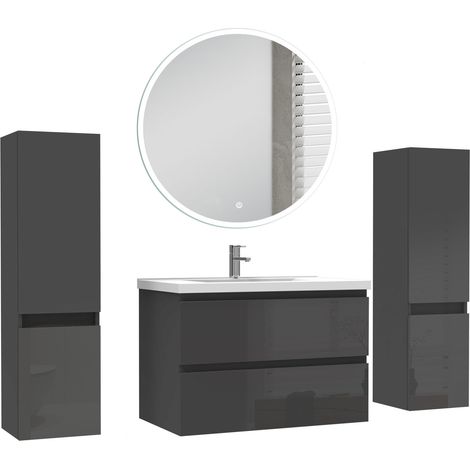 Ocean Ensemble de Meuble salle de bain 79cm + miroir led rond + 2 colonnes 110cm, noir Haut Brillant